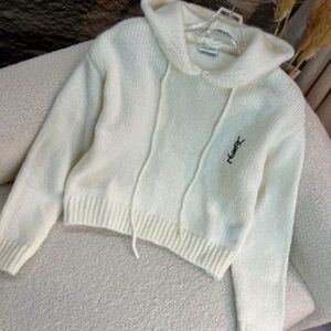 Saint Laurent Cream Cropped Knit Hoodie with Black YSL Embroidery